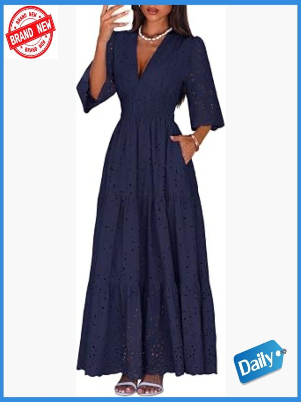 Long Sleeve V-Neck Hollow Out Ruffle Swing A-Line Maxi Dress
